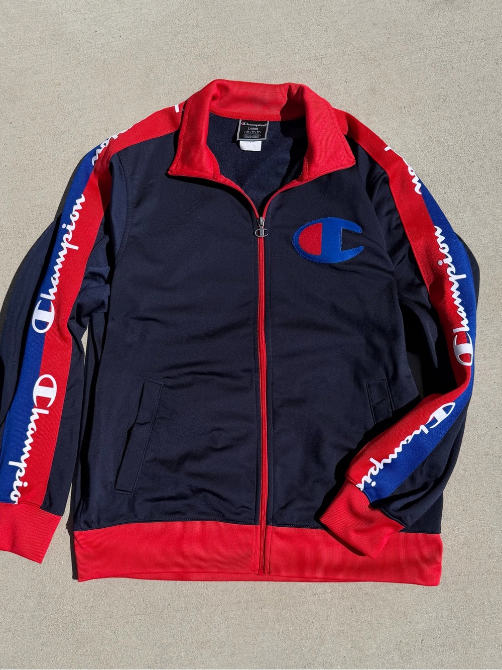 Vintage Champion Life Mens Tricot Track Jacket Large Navy Red Big C Logo